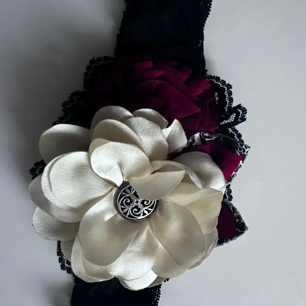 Persnickety Festive Lace Headband with Red Floral Christmas Detail